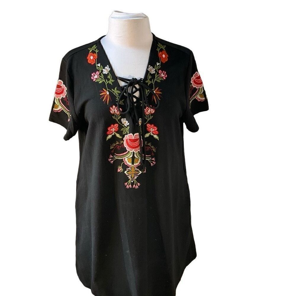 Umgee Black Embroidered Tshirt Minidress Coverup Tunic. Pockets! Large. Pretty!